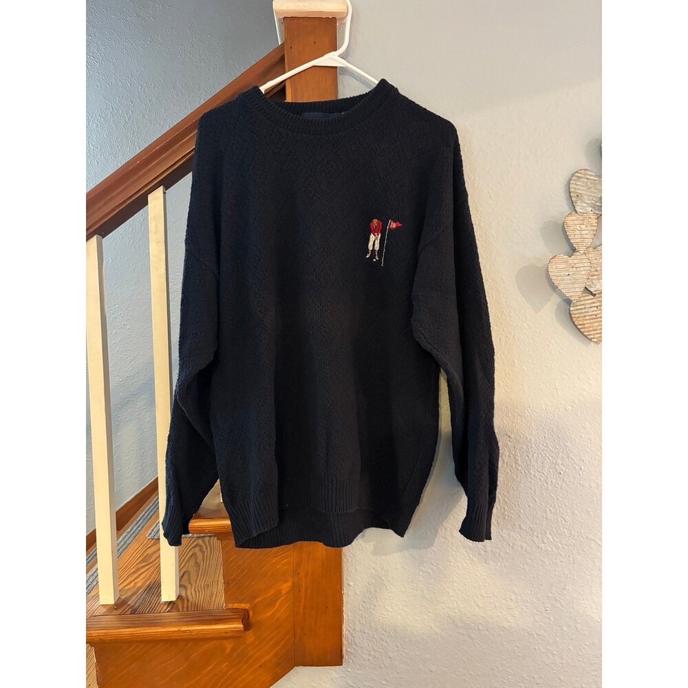 John weitz hand framed USA L textured embroidered blue golf sweater 3D grandpa